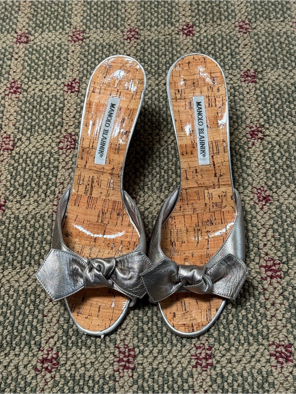 Manolo Blahnik Silver Knot Bow Cork Slide Sandals